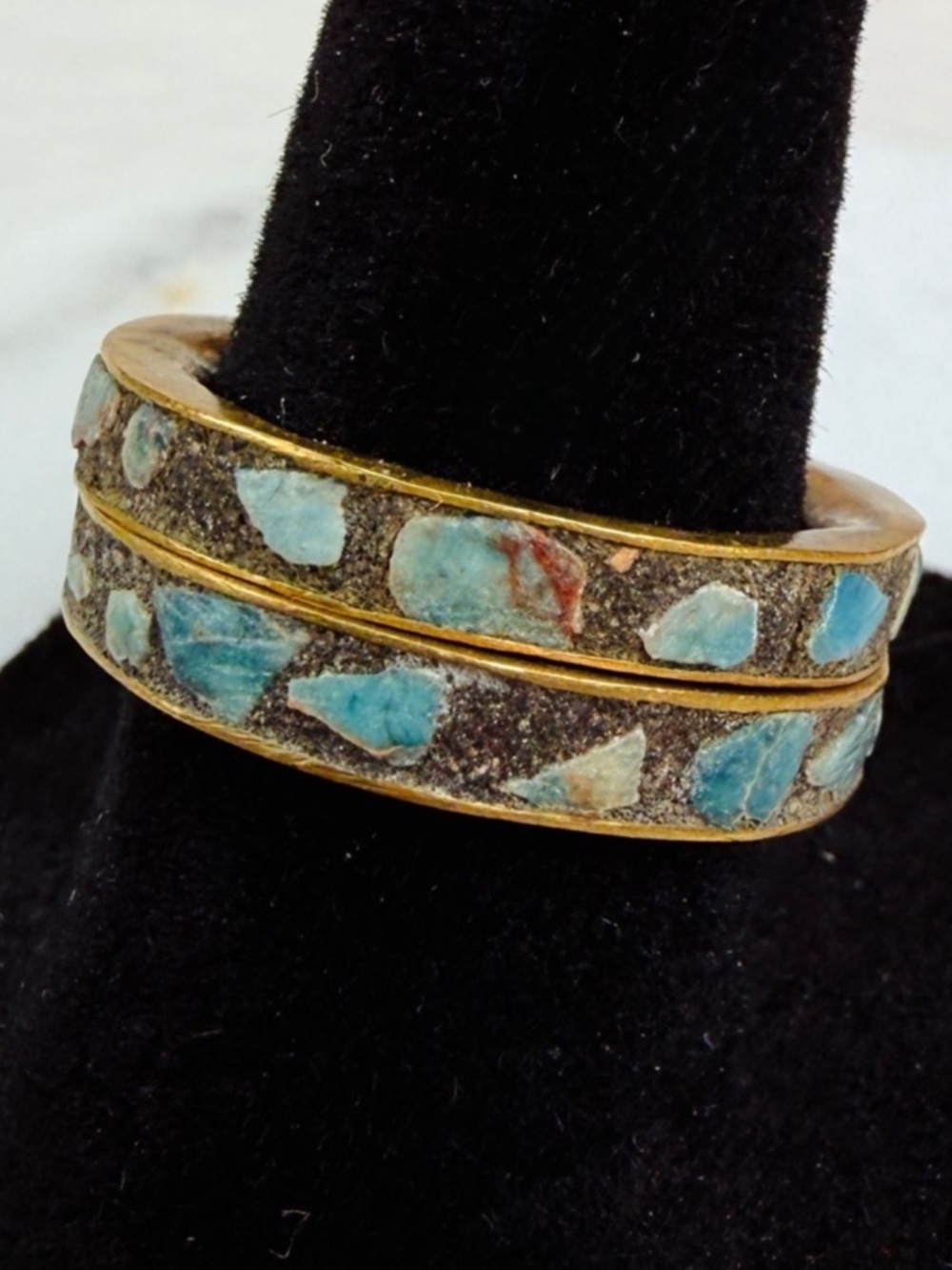 2 Vintage sz 6.5 stacking rings with turquoise colored blue Inlay Brass Bands